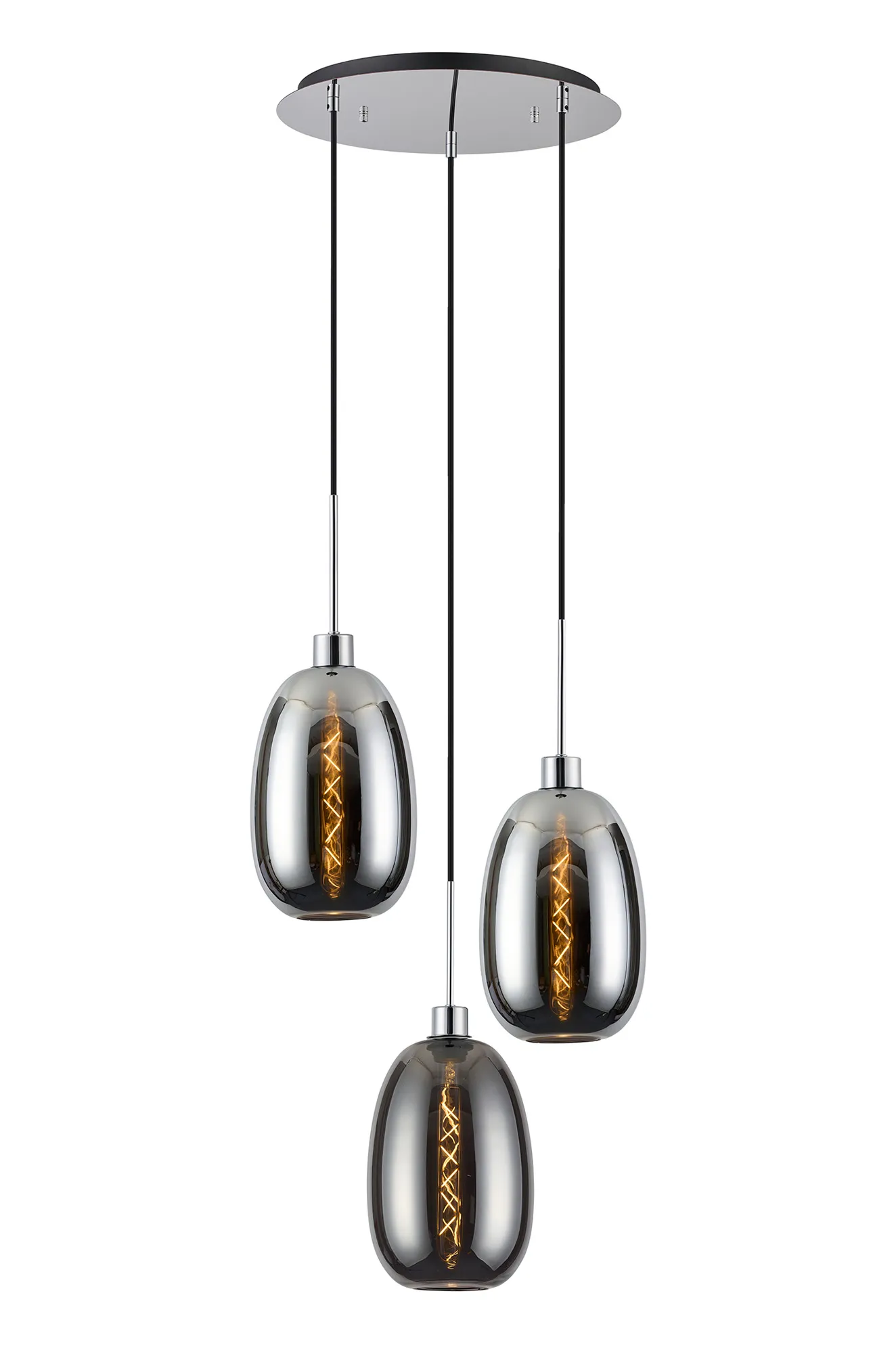 Lori 40cm Round Pendant, 3 Light Adjustable E27, Polished Chrome/Chrome/Smoke Slim Curved Trapezium Shades DK1270  Deco Lori Polished Chrome